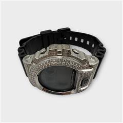 Casio G-Shock Black DW 6900 White Gold Alloy Iced Out Diamond Watch